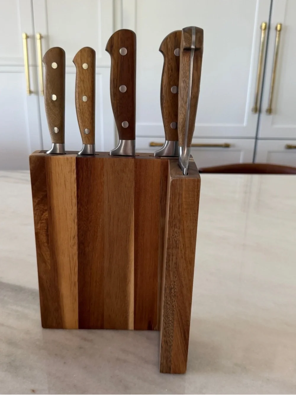 Wood Handle Knife Block Set with Decorative Ceramic Block - Brown